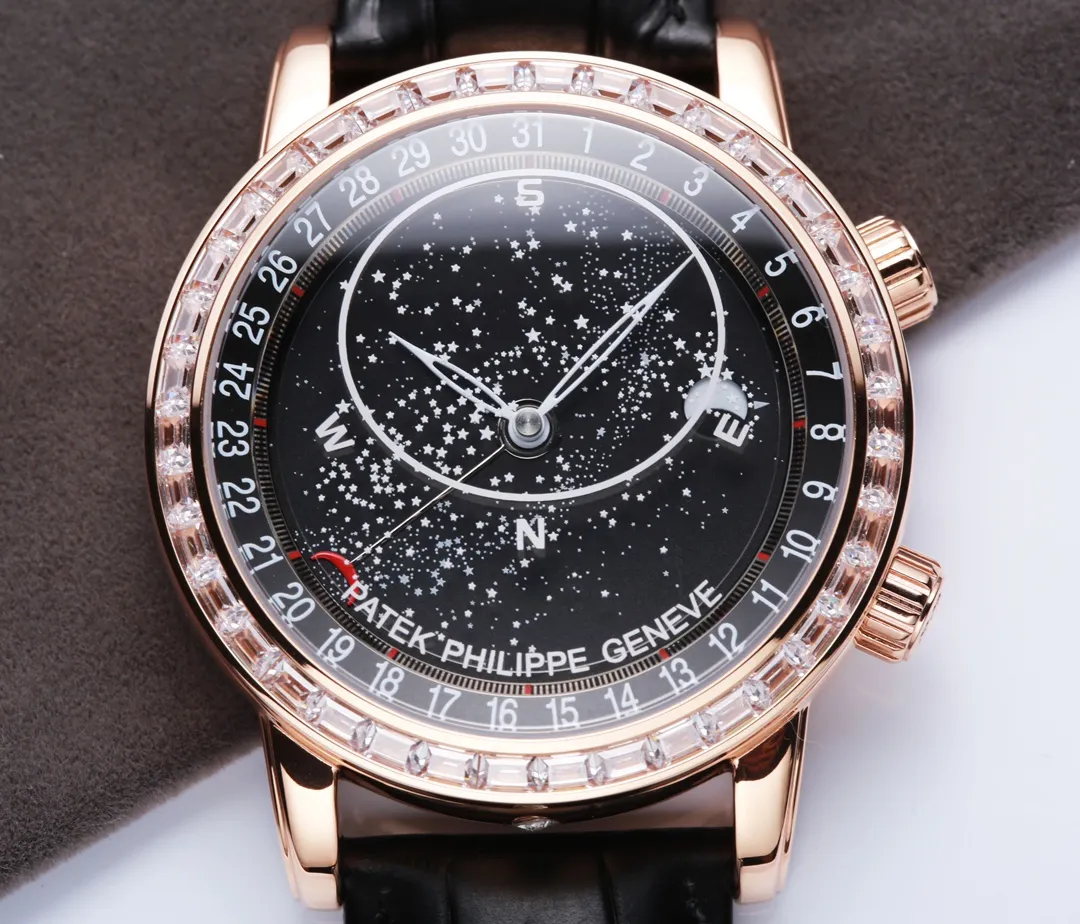 【High-end replica】💰1720! 【Top replica】💰4500! Patek Philippe Starry Sky upgraded and revised version V3 is officially launched. This version corrects the "clockwise" calendar direction consistent with the official version, adds a diamond-set version of the buckle, and tool-free disassembly and assembly of the belt. Text: Patek Philippe 6102 | 6104 Super Complication Series/Geneva Sky Series, have you ever imagined wearing the starry sky on your wrist? This starry sky watch has a unique astrological function. You can enjoy the Geneva sky map on the dial. The blue letters are matched with the 18K real gold-plated moon phase, which is consistent with the original. The black letters are matched with the enamel white moon phase, which is consistent with the original. It took 30 months to carefully build. It uses the original imported Miyota fully automatic mechanical movement modified 324S. The 6 o'clock position on the side of the case It uses imported Swarovski natural rhinestones and an original 18K gold automatic hammer. The moon on the dial will automatically change according to the full moon and eclipse of the moon in the sky. The glass is processed with advanced technology. The micro-arch shape allows the glass to refract light and have a stronger three-dimensional effect, making the dial look more transparent. Men’s ultimate dream is to have the king of watches in hand. Nothing else! (Focus on original new machines) Focus is an attitude, produced by JH!
